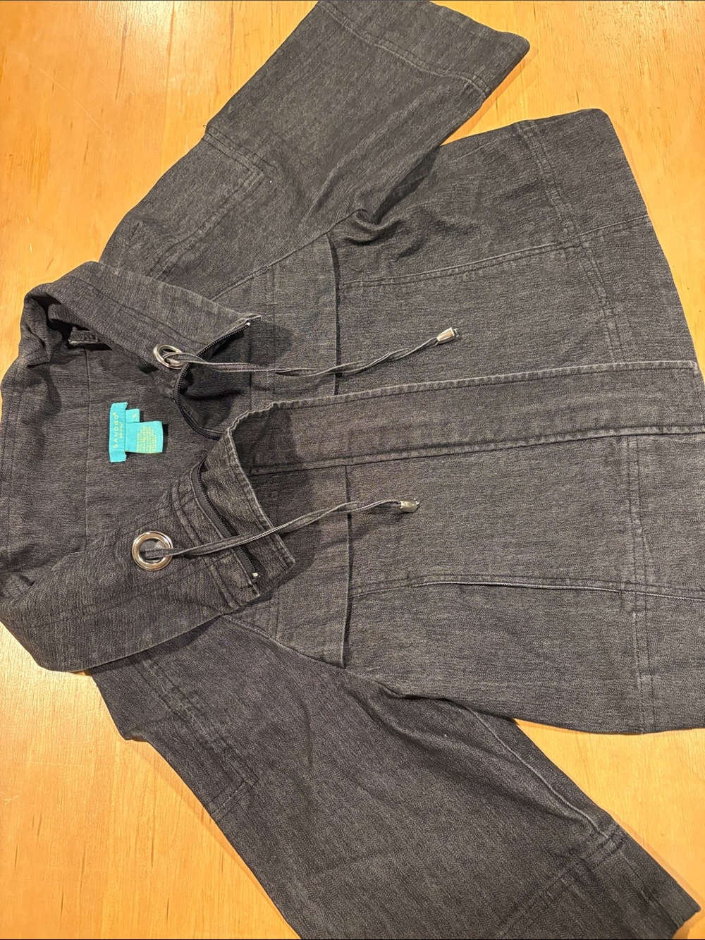 Sandro ~ Denim Charcoal Gray Drawstring Hooded Blazer Jacket